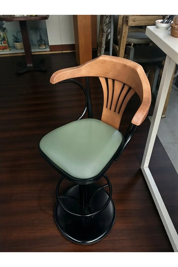 Dönerli Bar Sandalyesi – Yeşil Deri Oturum, İnegöl Ceviz Sırt 75 cm Yükseklik